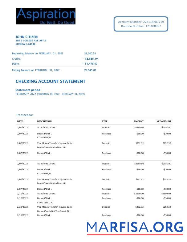Realistic USA Aspiration bank statement word 2 pages real example